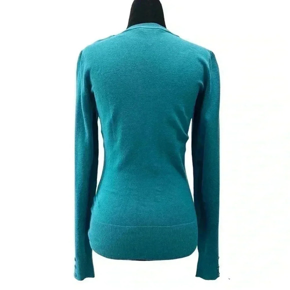 Ricki’s Cardigan V Neck Button Front Sweater Fitted Teal Green Size Small - Picture 2 of 16